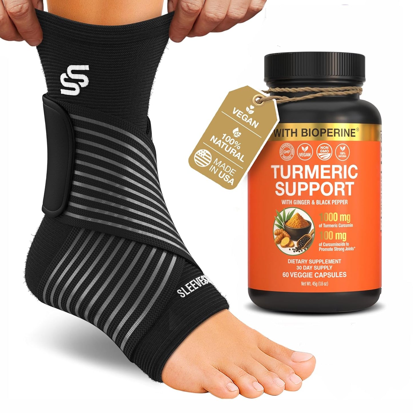 Sleeve Stars Ankle Brace - Adjustable Compression Sleeve with Removable Strap & Turmeric Curcumin Supplement Bundle for Joint Support