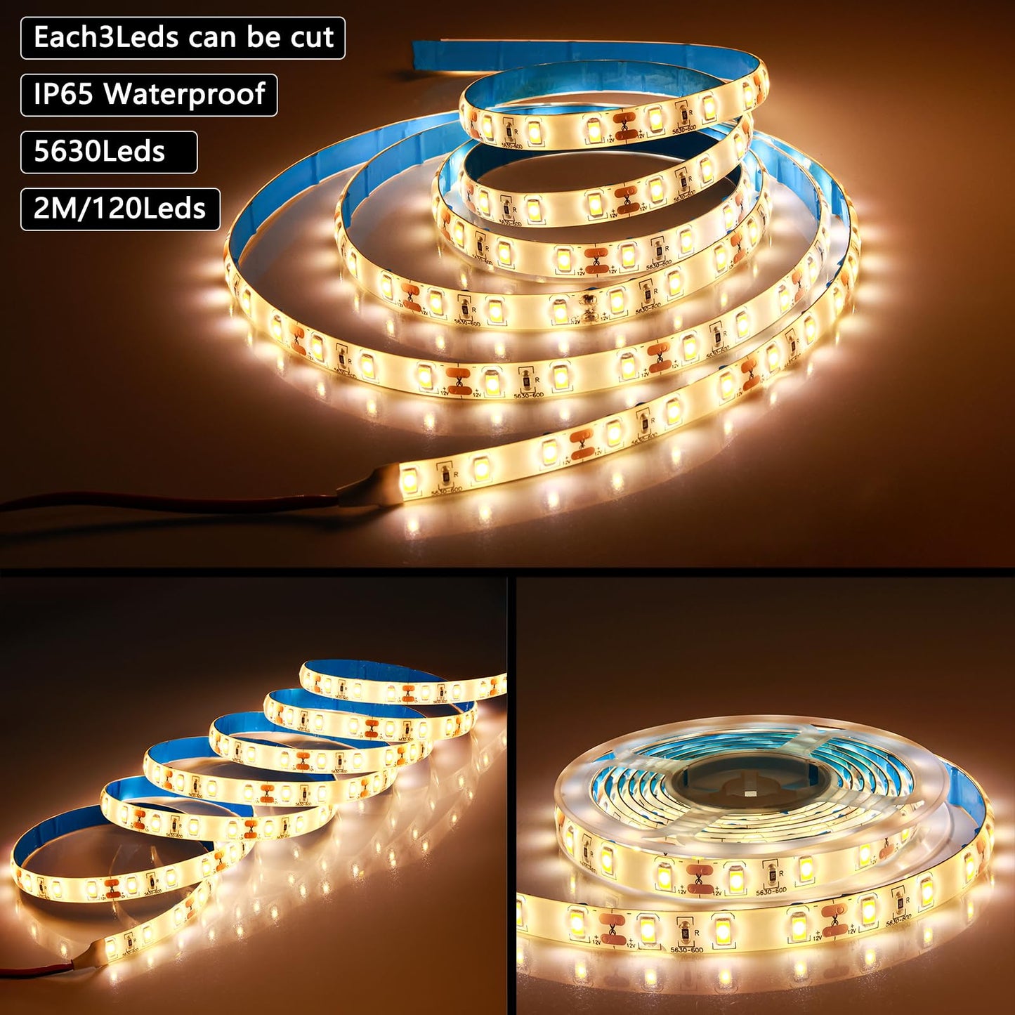 12V Warm White Led Strip Light 6.56Ft Dimmable Light Strip, SMD 5630 IP65 Waterproof 3500K Flexible Tape Lights 120 LEDs Rope Light for Bedroom, Desk, Kitchen, Indoor, Outdoor Decoration