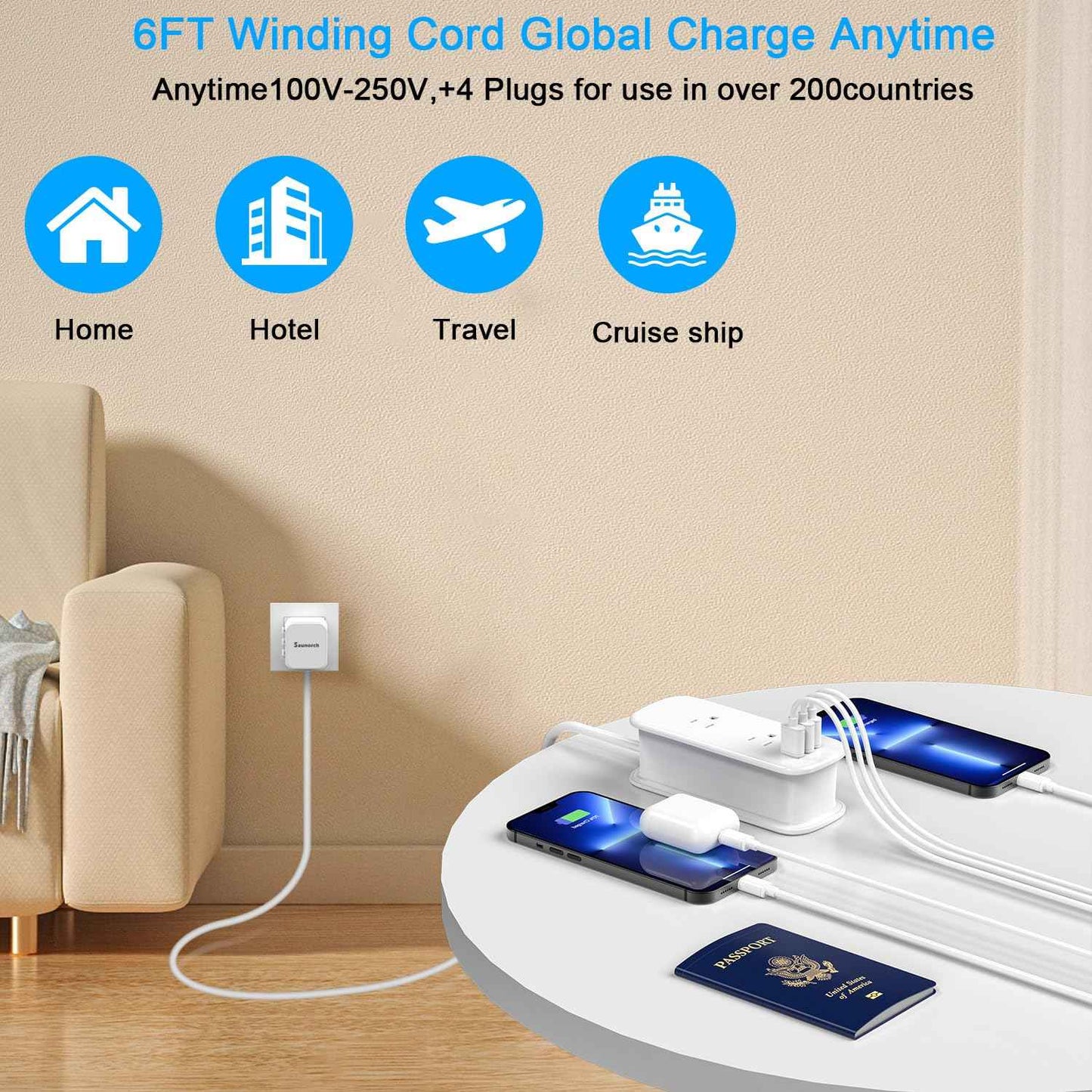 SAUNORCH Universal Travel Adapter Power Strip: 2 AC Outlets, 3 USB Ports, 6ft Cord - US to EU/UK/AU/China Worldwide Converter