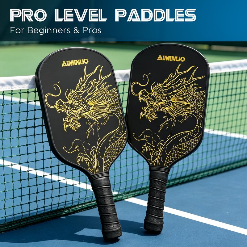 AIMINUO Pickleball Paddles, Fiberglass Pickle Ball Paddle Set, 16mm Lightweight Pickleball Paddles for Men Women Kids Indoor & Outdoor, Golden Dragon Black