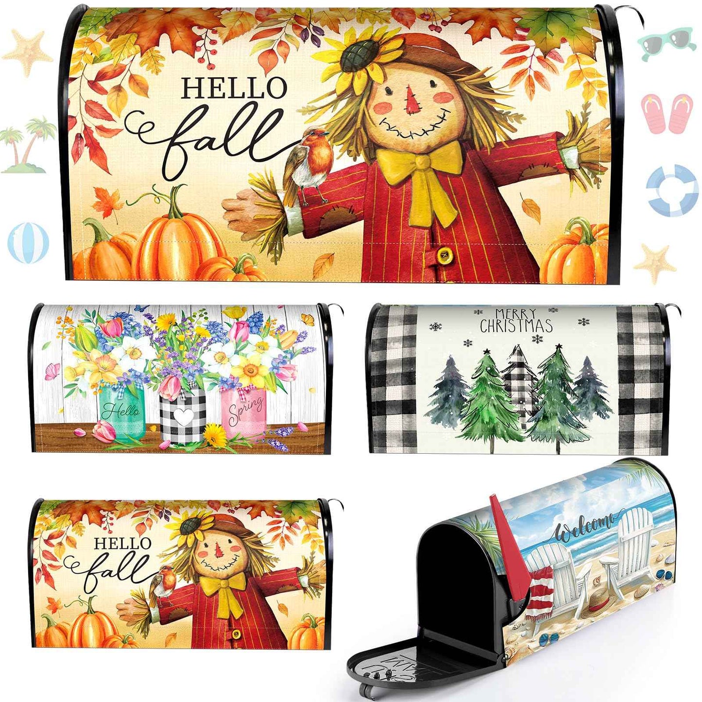 Blosssound 4 Pcs Mailbox Covers Standard Size 18 x 21 Inch Welcome Fall Spring Summer Winter Seasonal Magnetic Mailbox Covers Wraps for Holiday Garden Yard Outdoor Decor(Scarecrow)