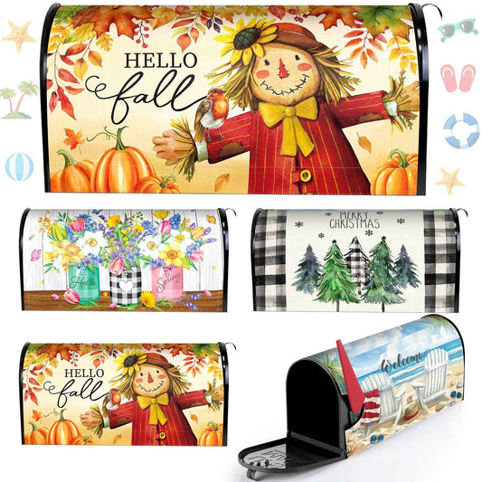 Blosssound 4 Pcs Mailbox Covers Standard Size 18 x 21 Inch Welcome Fall Spring Summer Winter Seasonal Magnetic Mailbox Covers Wraps for Holiday Garden Yard Outdoor Decor(Scarecrow)