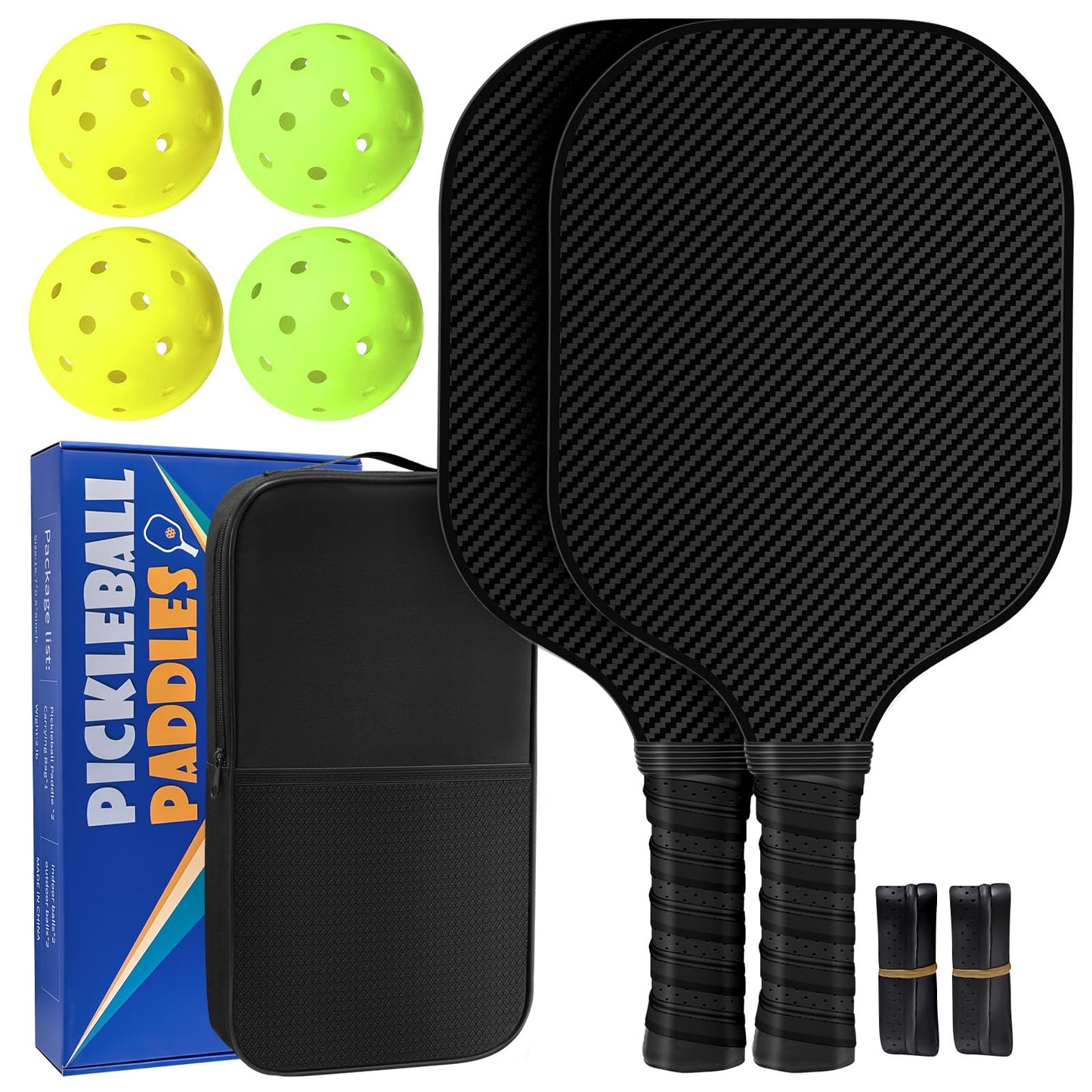 Carbon Fiber Pickleball Paddles, Anti-Slip Sweat-Absorbing Cushion Comfort Grip, 2 Paddles & 4 X-40 USAPA Standard Outdoor Pickleball (USAPA Approved for Tournament Play), 2 Grip Tapes, 1 Carry Bag