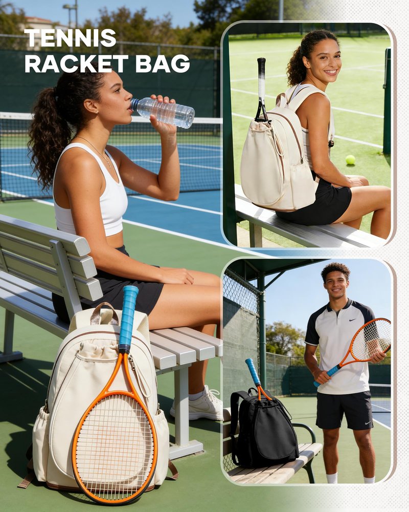 bergsalz Tennis & Pickleball Bag for Women Men, Fits 1 Racket or 2 Paddles, Lightweight Waterproof Tennis Backpack with Shoe Compartment & Wet Pocket For Training, Gym & Travel, Beige Brown