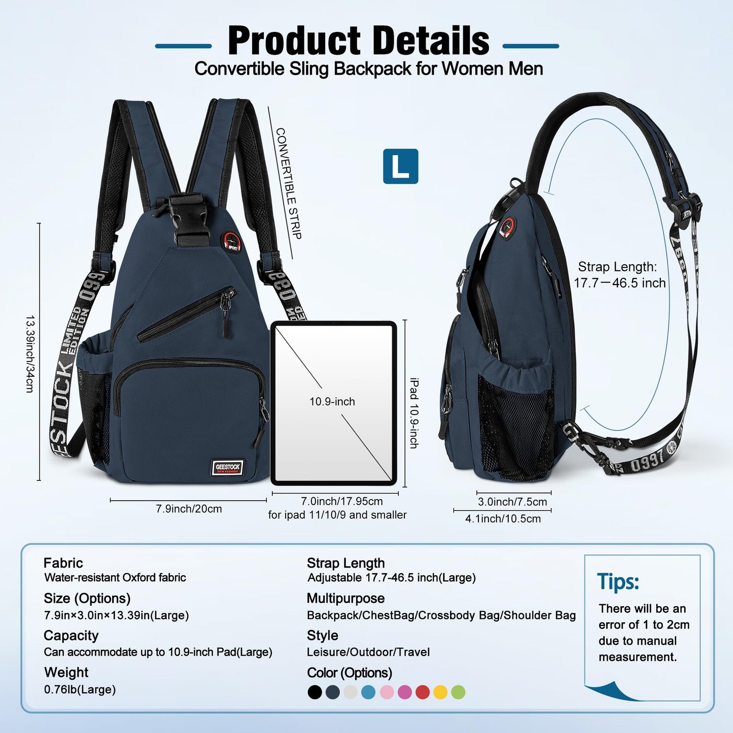 VALUEQLO Crossbody Backpack Convertible Sling Bag for Women Men with Adjustable Strap Small Casual Daypack for Hiking Traveling (Small, 11-Inch, Dark Blue)
