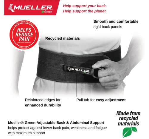 MUELLER Sports Medicine Green Adjustable Back & Abdominal Support, Ideal for Upper and Lower Back Pain, Relief & Support for Men and Women, Strains, Sciatica, Scoliosis, Black, Black, One Size