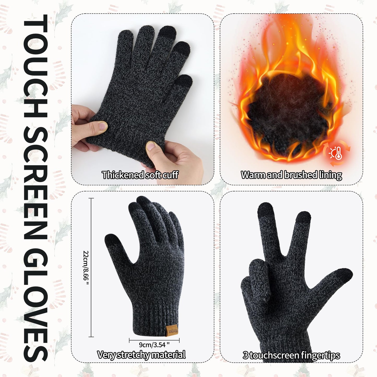 Miorpex Mens Winter Beanie Hat Touchscreen Gloves Long Scarf 3 Set with Warm Fleece Lined Knit Caps Scarves for Men Women Black