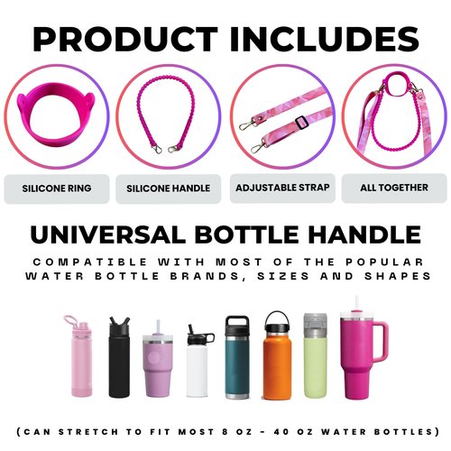 Water Bottle Tumbler Stanley Cup Strap and Handle Carrying Accessories Pink Prism Strap with Pink Silicone Handle – fits Universal 8 – 30/40 oz Bottle Sizes