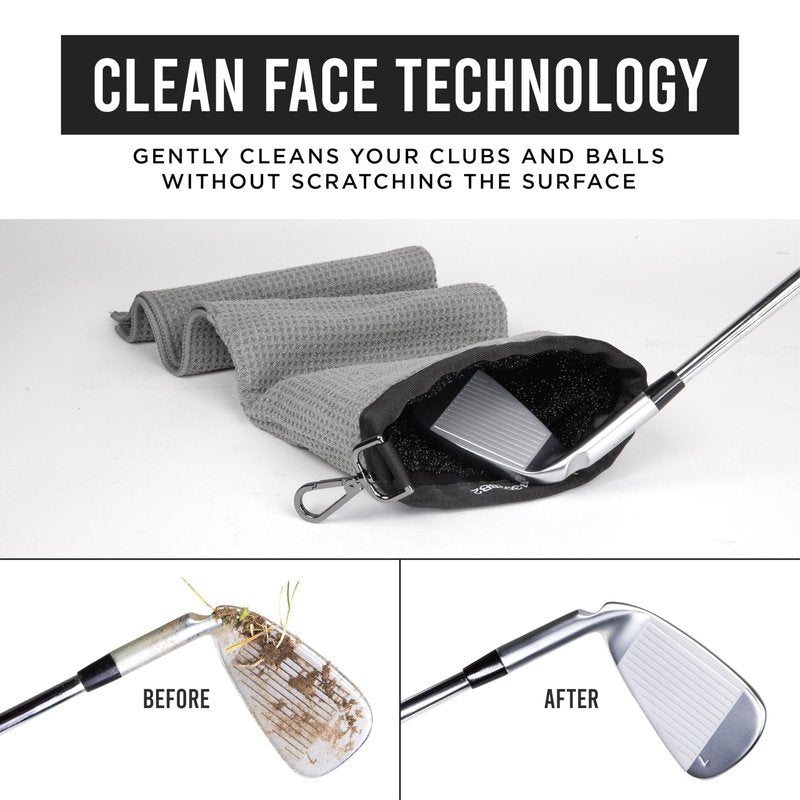 Club Scrub Towel Pro, Golf Club and Ball Cleaning Pouch with Attached Towel, Waterproof Exterior, Clean Face Technology Liner, Machine Washable, Cleans Club Grooves, Waffle-Weave Microfiber (Gray)