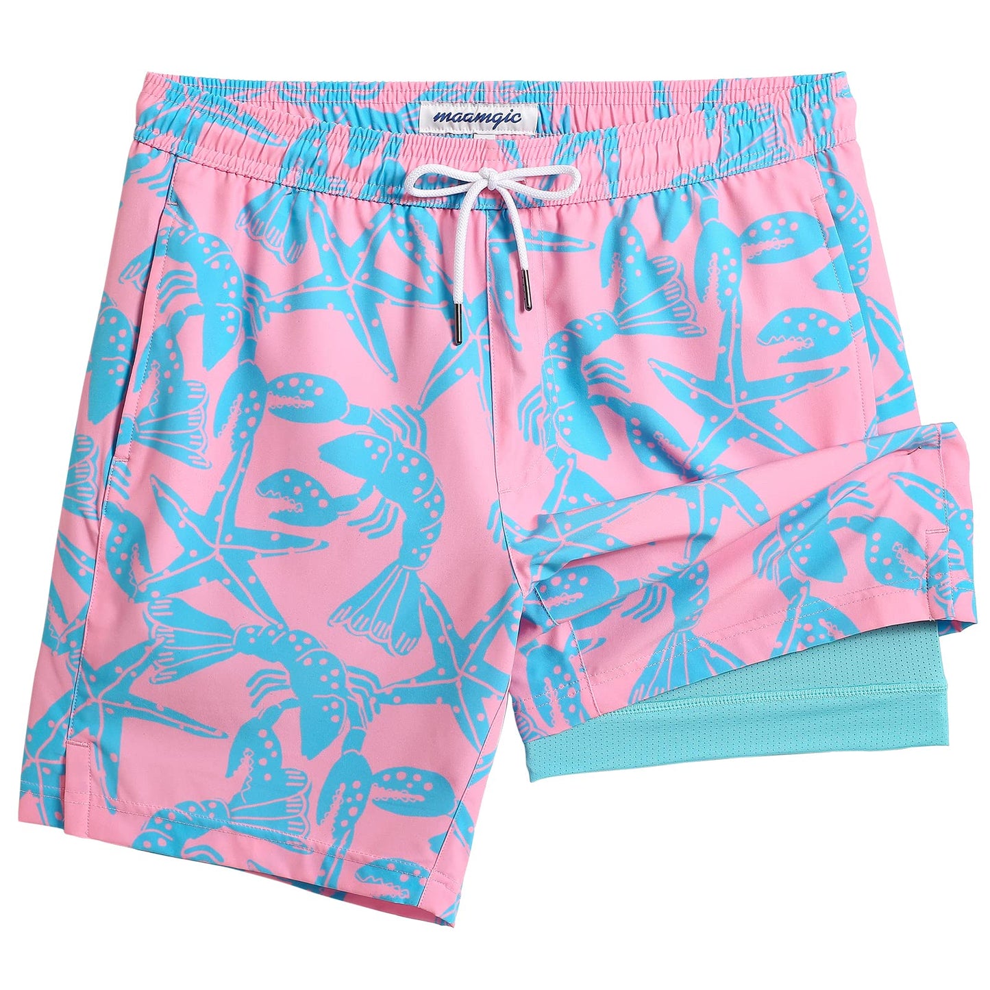 maamgic Mens Swim Trunks with Compression Liner 7 Inch Inseam Mens Bathing Suit Quick Dry Swimming Trunks Swimsuit Starfish Pink Green XX-Large