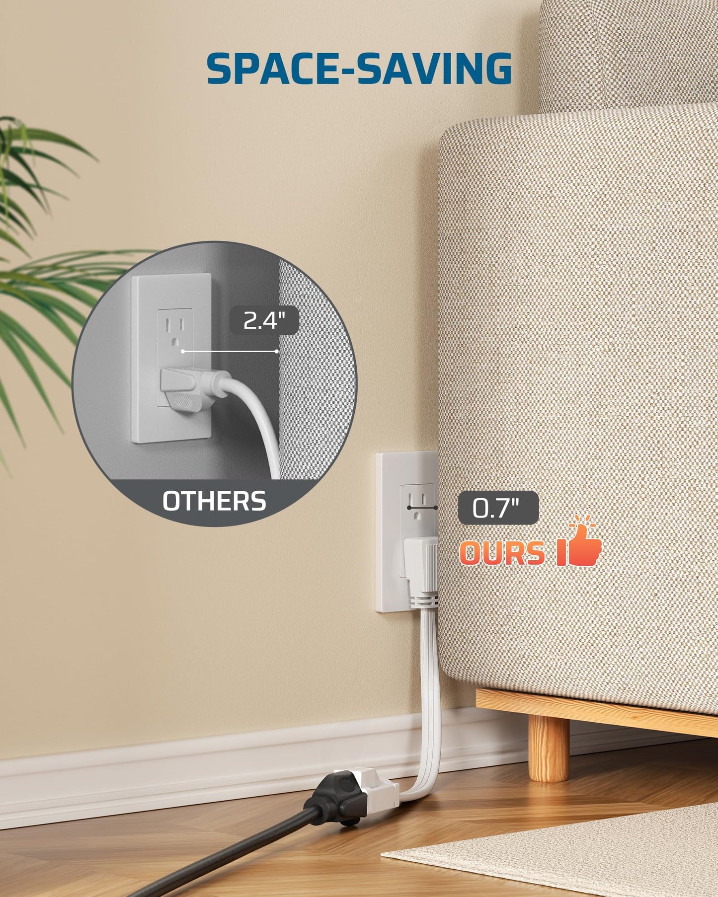 DEWENWILS Heavy Duty 1 Ft Extension Cord with 3-Prong Flat Plug, 15A/1875W 14/3 SPT-3 Flat Wire, Space-Saving for Home Office Appliances & Electronics, ETL Certified, 3-Pack (White)