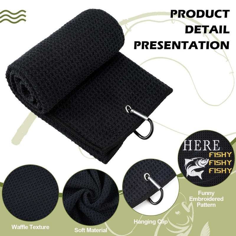 VitalCozy 4 Pcs Microfiber Fishing Towels with Clip Waffle Pattern Bait Towels for Effective Cleaning of Fishing Gears 16''x24'' Embroidered Towel Gift for Fly Kayaking Hiking Father's Day