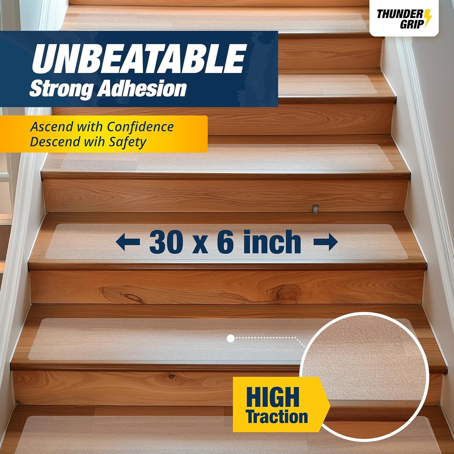 Non-Slip Clear Stair Treads 30"x6" - 15-Pack Adhesive Grips for Wood Steps - Safe for Dogs & Seniors