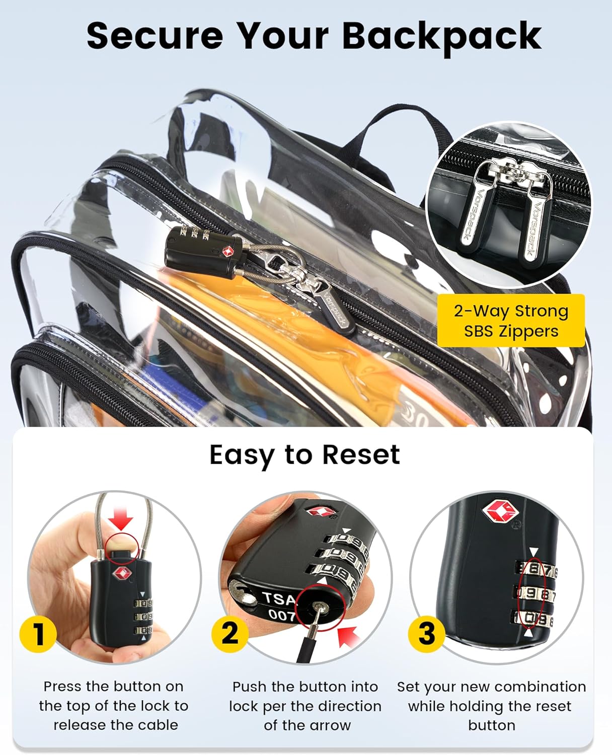 Vorspack Clear Backpack - Heavy Duty Extra Large Transparent Bookbag with TSA Lock | Black