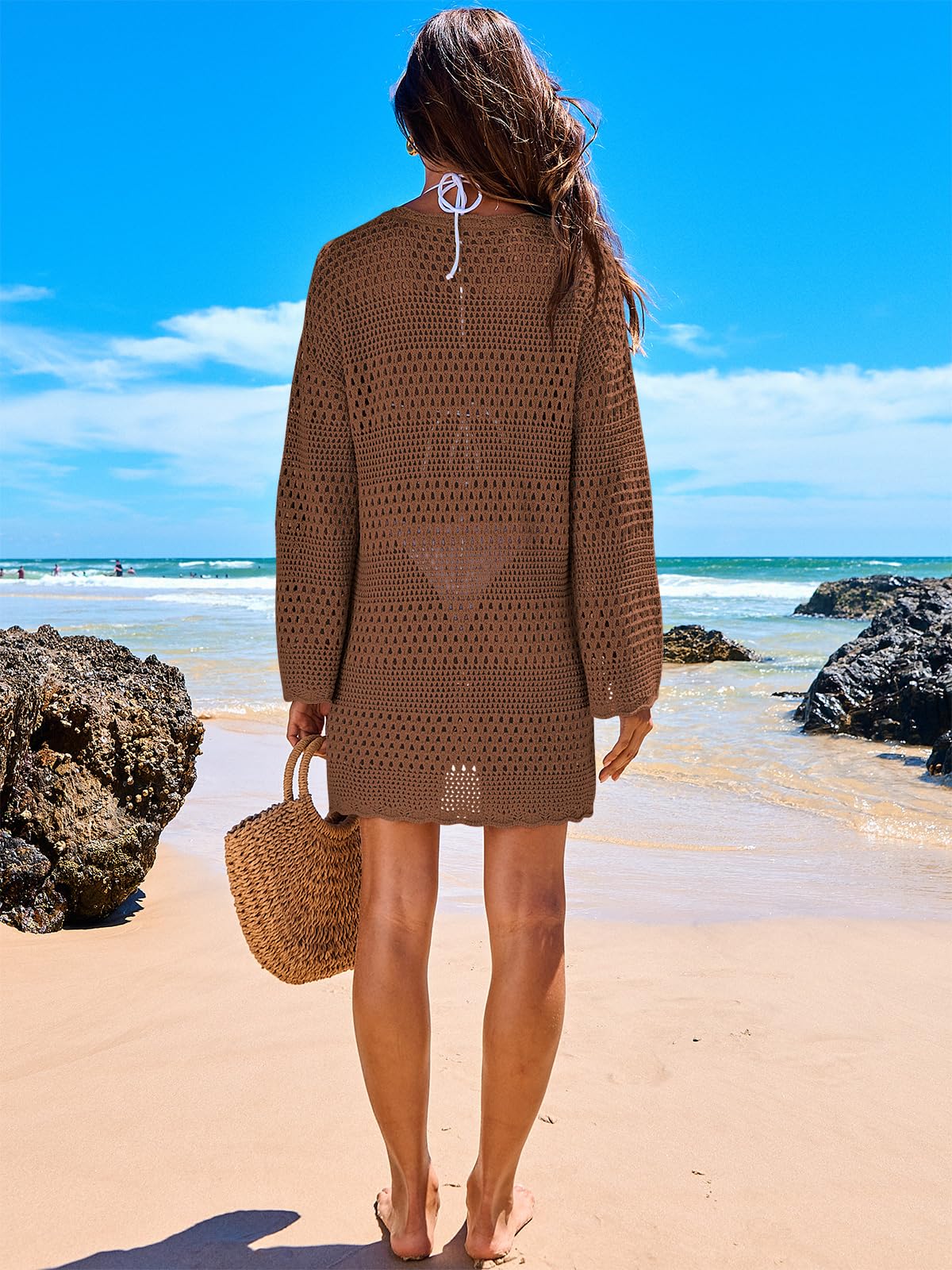 ANRABESS Women Swimsuit Crochet Swim Cover Up 2026 Summer Bathing Suit Swimwear Mesh Knit Beach Dress Vacation Outfits Brown Small