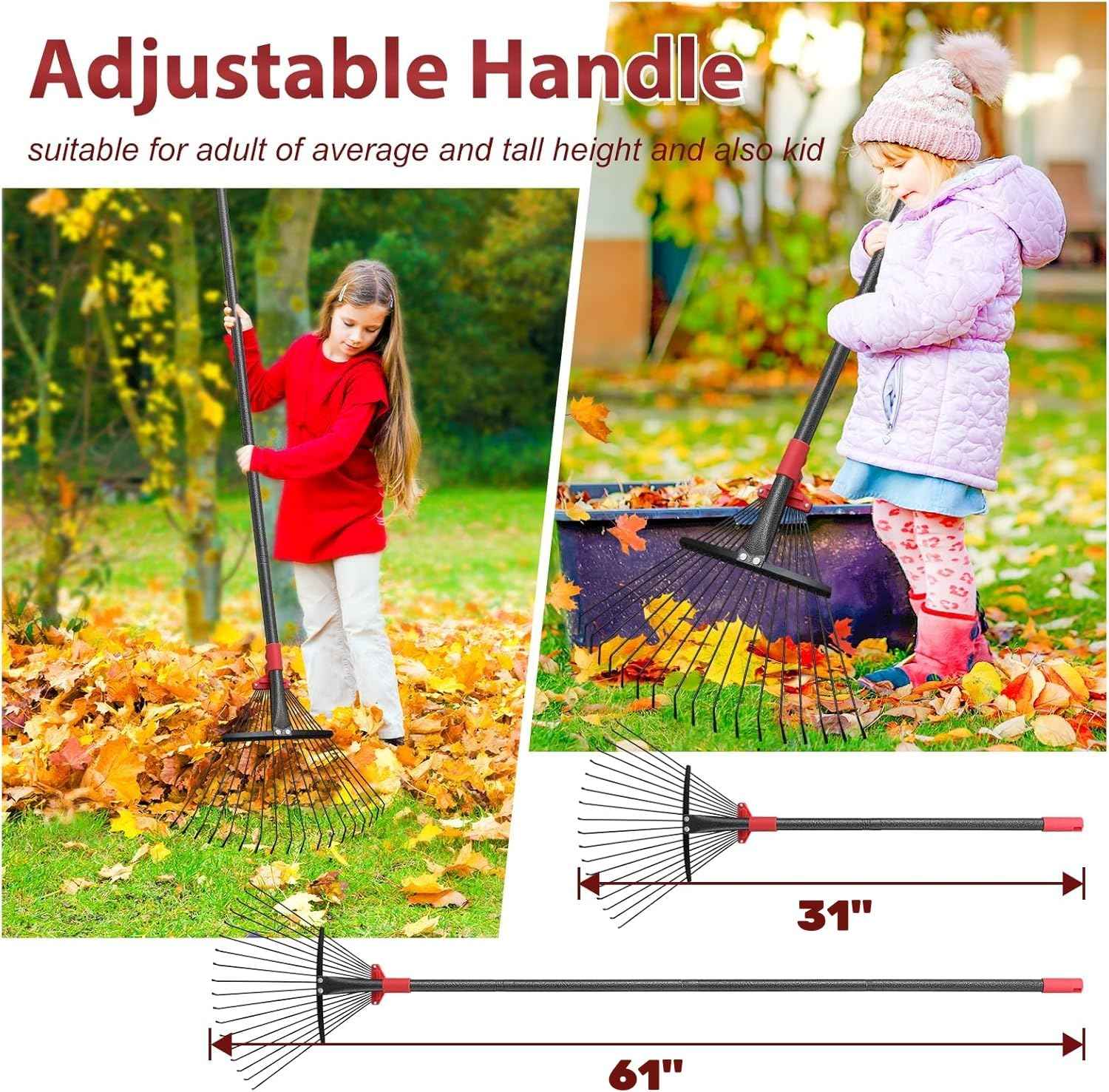 TAILERNRUYE 61 Inch Rake for Leaves , Adjustable 18 Tines with Expandable Head 9-18in Grass Rake Heavy Duty Metal Rakes for Women Children Yard Gardener Gardening Grass Debris Lawns