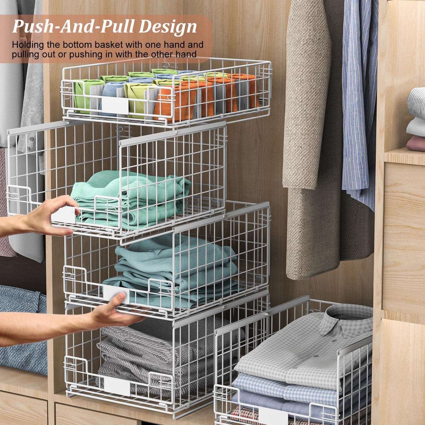 4 Pack Sliding Closet Organizers and Storage, Stackable Closet Storage Shelves, Pull Out Clothes Storage Organizer Baskets/Containers/Drawers with Dividers for Wardrobe (White-Sturdy Wire Metal Frame)