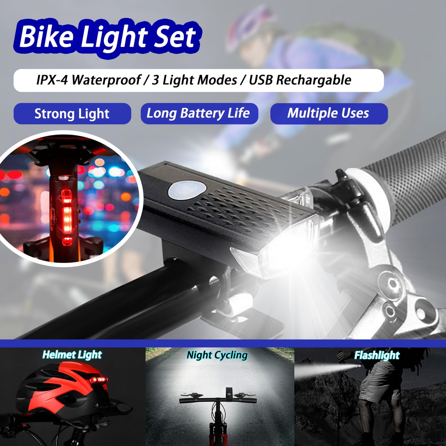 USB Rechargeable Bike Lights Set Bike Lights For Night Riding, 3 Light Modes, Ideal for City Commuting, Mountain Biking, and Outdoor Adventures with Front Headlight and Rear Taillight Bike Accessories