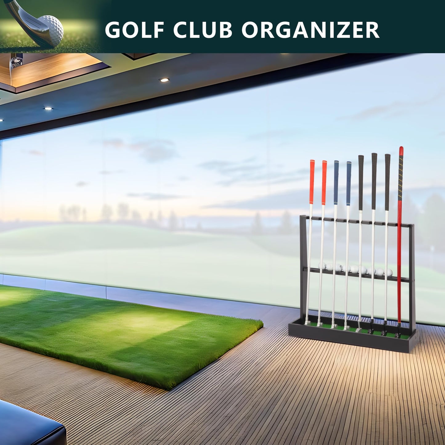 Xnwouco Golf Putter Stand, Golf Club Holder Stand Floor Display Rack - Holds 8 Clubs & 12 Balls with Artificial Grass Base, Wood Outdoor Golf Club Organizer for Indoor, Home, Office, Golf Club, Black