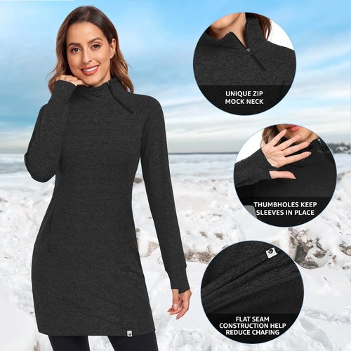 Soneven Women's Fleece Dress Mock Neck Running Thermal Tunic Sweatshirts Dresses with Thumb Holes Winter Skiing Athletic Quarter Zip Pullover