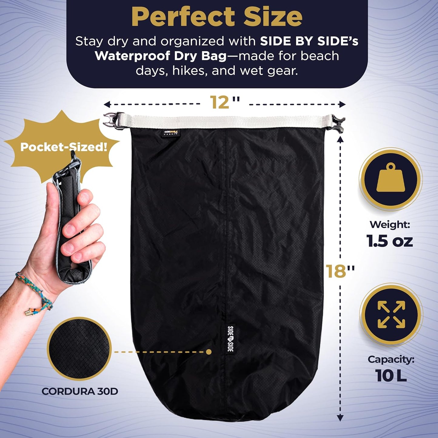 Skiennix Waterproof 10L Dry Bag - Lightweight Durable Side Bag for Kayaking, Hiking & Camping | Black, Small