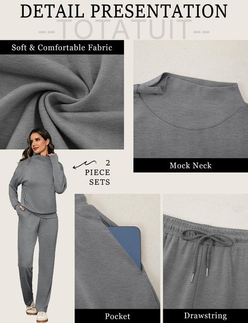 Totatuit Two Piece Sweatsuit Sets for Women Warm Lounge Sets Slouchy Tracksuit High Neck Winter Outfits Walking Comfy Fall Wear Dark Grey S