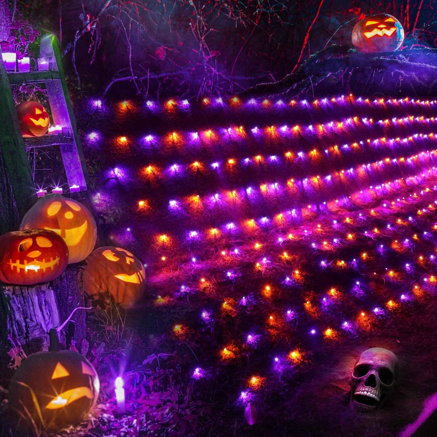 iBaycon 4ft x 6ft Halloween Net Mesh Lights, 8 Modes Timer Connectable Waterproof Bush Mesh Netting Lights for Halloween Outdoor Decorations (Orange Purple, 1PACK)