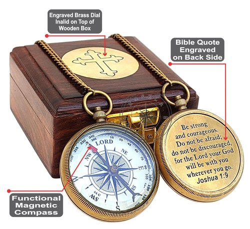 Be Strong and Courageous Joshua 1:9 Brass Directional Locket Compass, Engraved Baptism Gifts for Boys Girls, First Communion, Christian Gifts for Men, First Confirmation Gifts for Boys Catholic Gifts