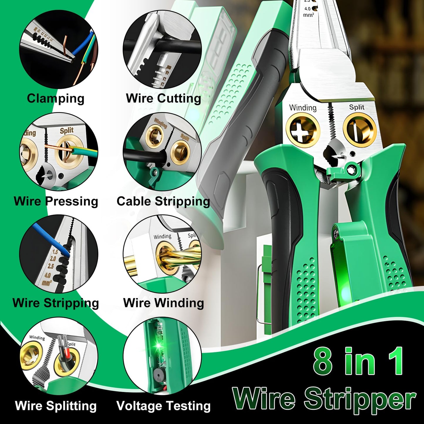 8 in 1 Wire Stripping Pliers with Voltage Tester, Multi-function Wire Stripper Electrician's Pliers, Electric Wire Stripping Tool, Electrician Repair Tool (Green)