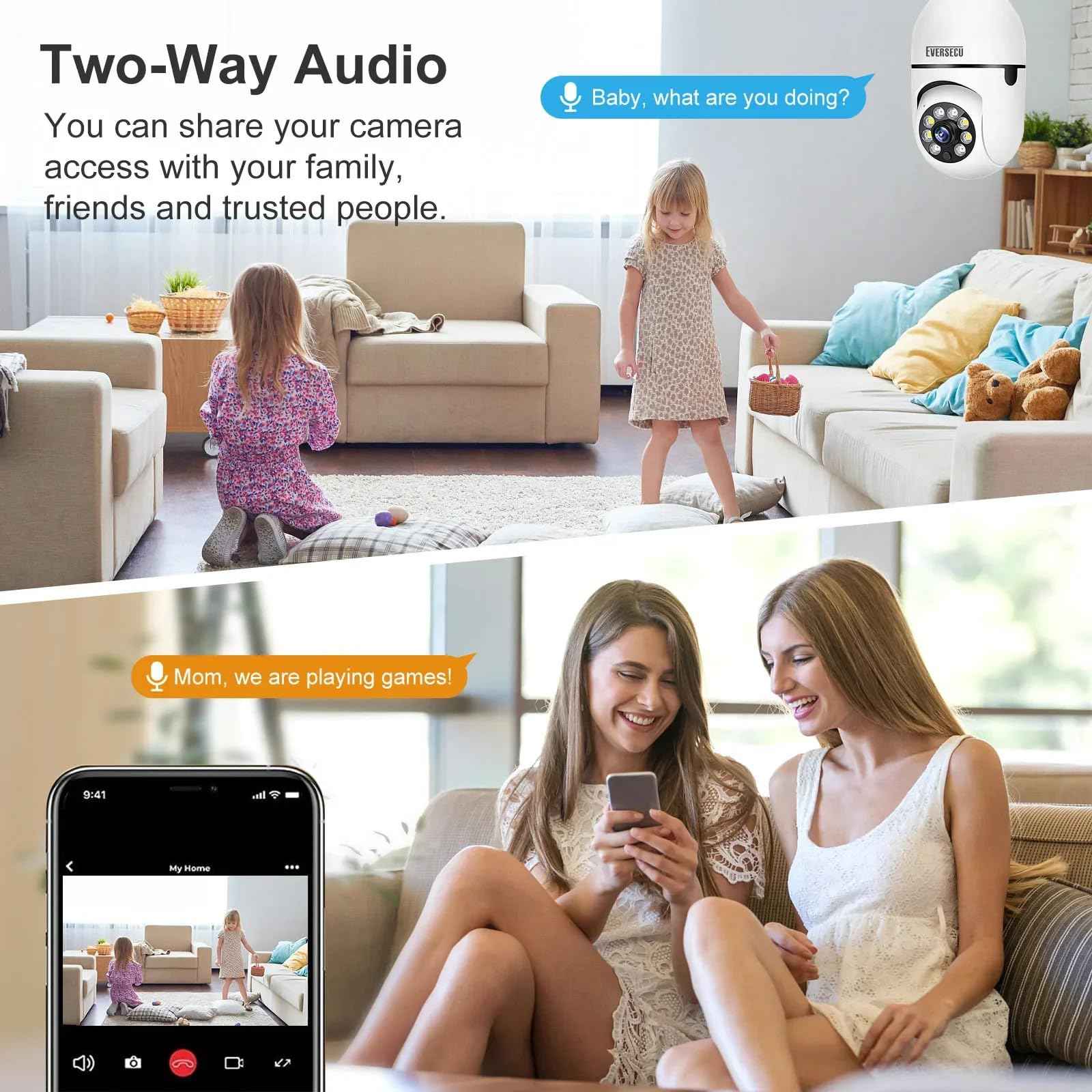 EVERSECU HD 1080P Wireless Light Bulb Security Camera, 2.4g & 5g WiFi, Motion Auto Tracking, 2 Way Audio, Smart Night Vision, Support ONVIF & RTSP, Work with Alexa, SD Card & Cloud Storage, Free App