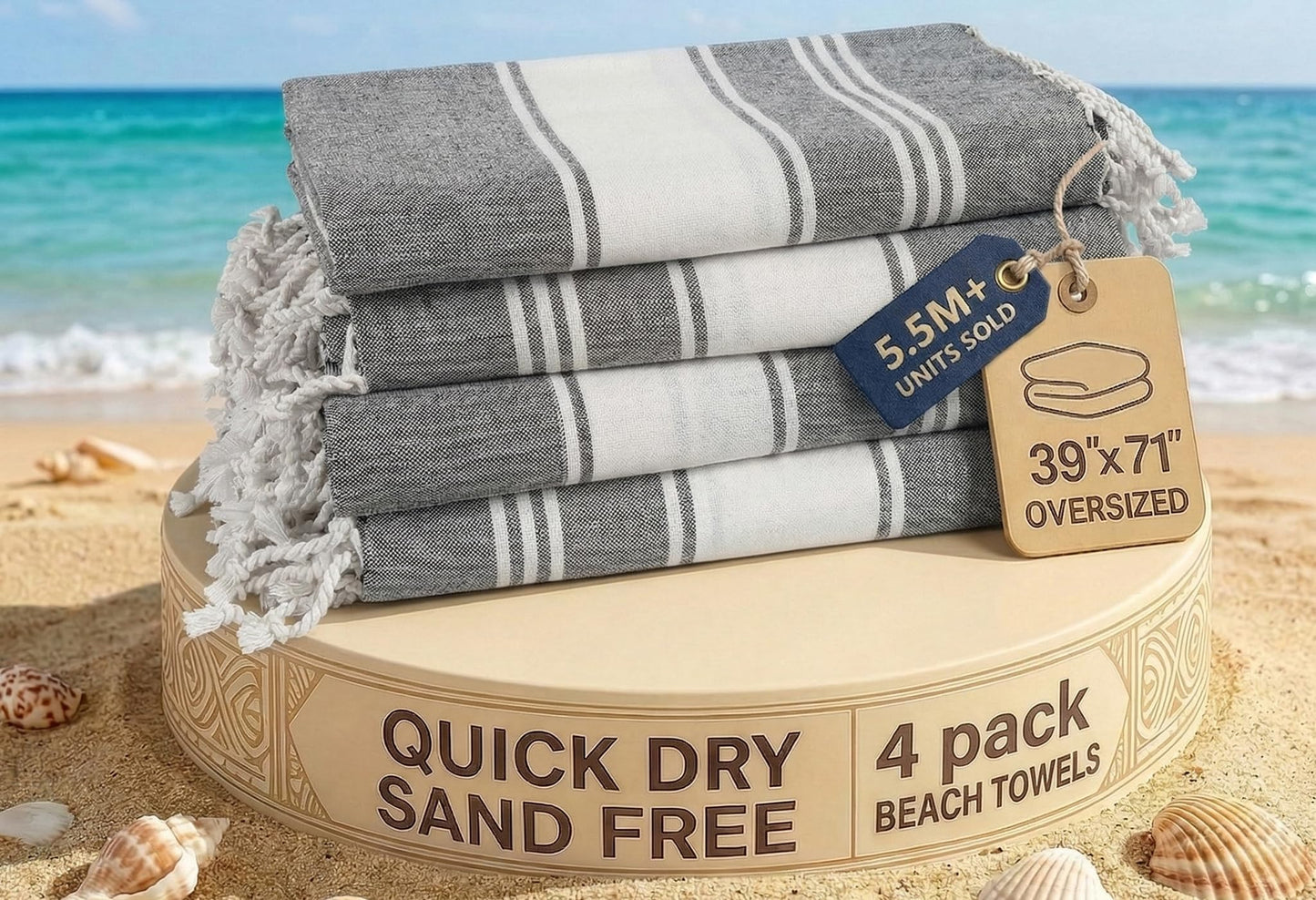 LANE LINEN Beach Towels 4 Pack Oversized - Turkish Towel Set, Pre-Washed Oversized Beach Towel, Quick Dry Beach Towels for Travel, Large Pool Towels, 39"x71" - Smoky Black