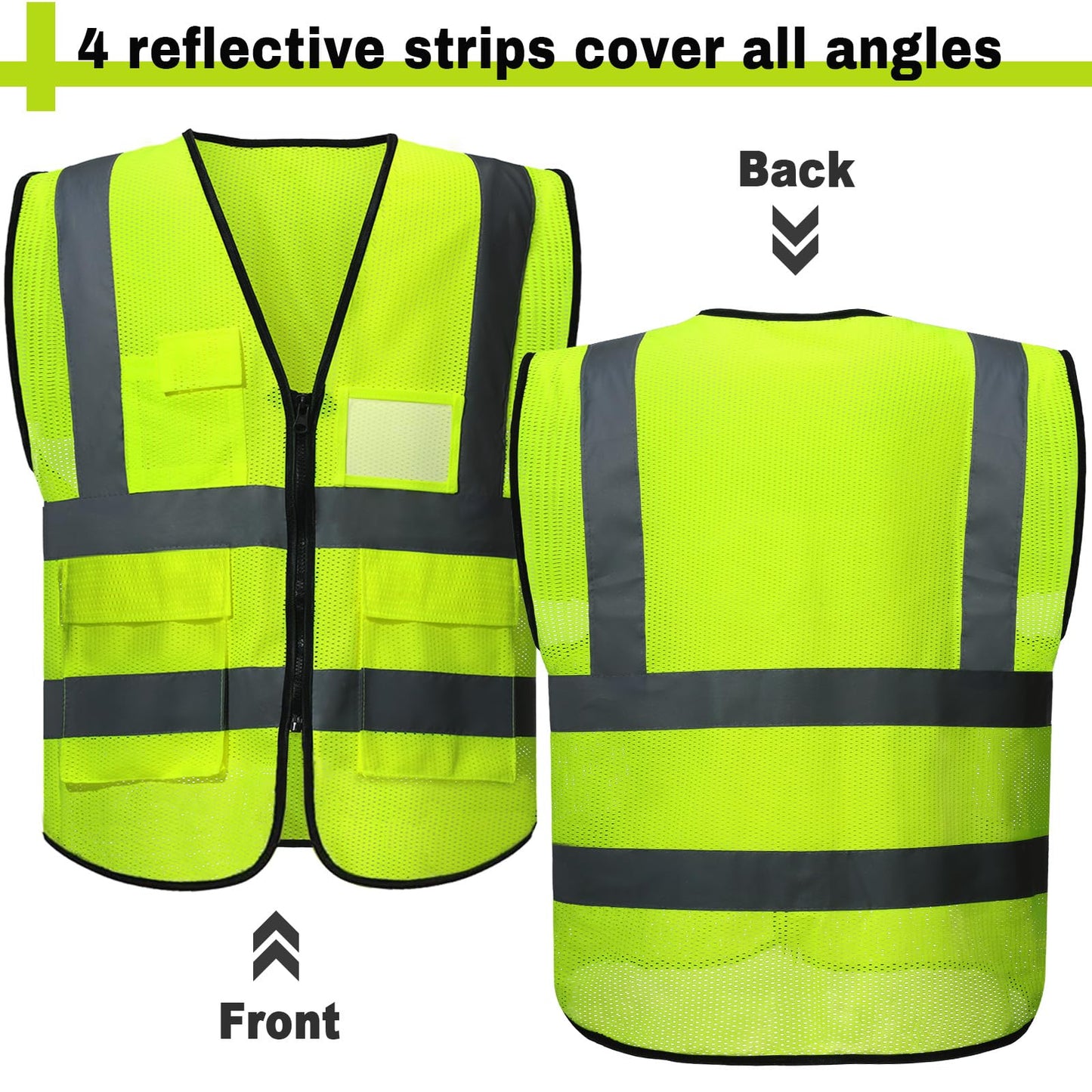 JenPen 10 Pieces Reflective Safety Vests with Pockets and Zipper, High Visibility Mesh Construction Vest for Men Women (XXL)