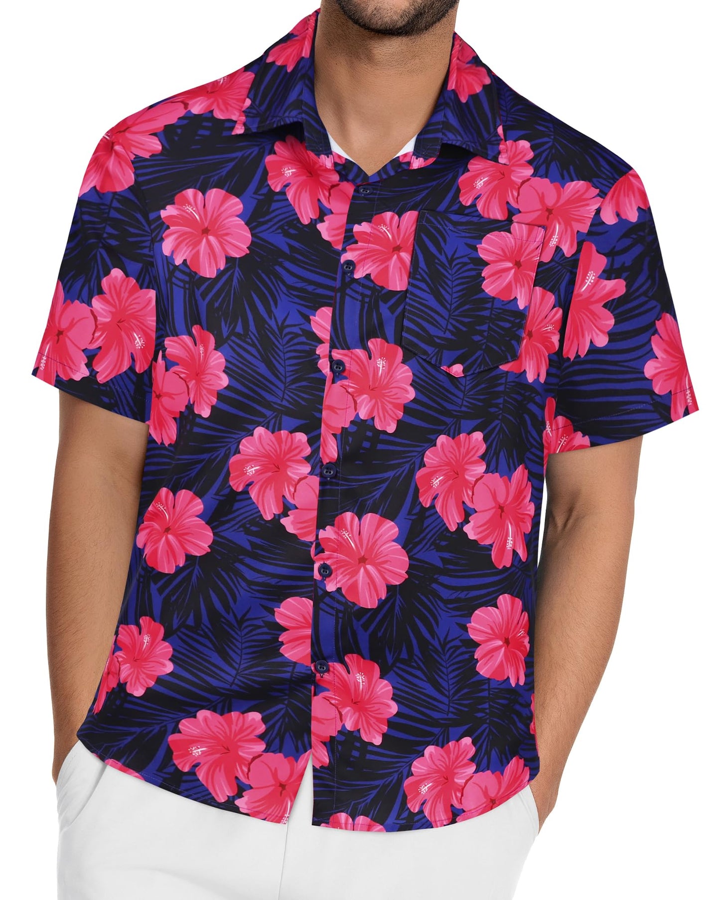 Mens Hawaiian Shirt Short Sleeve Summer Beach Casual Tops Button Down T Shirts with Pocket(Pink Navy Floral,XL)