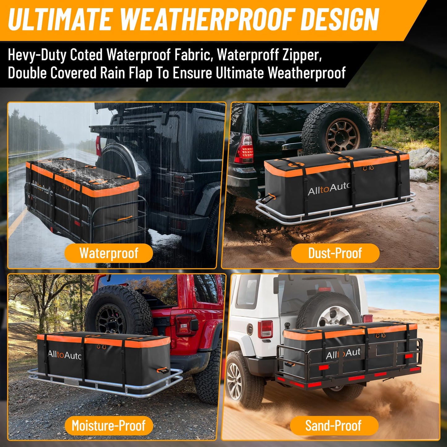 AlltoAuto 30 CuFt Waterproof Cargo Bag for Hitch Carrier | 60"x24"x36" Trailer Hitch Cargo Carrier | Weatherproof Truck Bed Storage with Straps, Lock & Carry Case | PVC Vehicle Soft-Shell Carriers