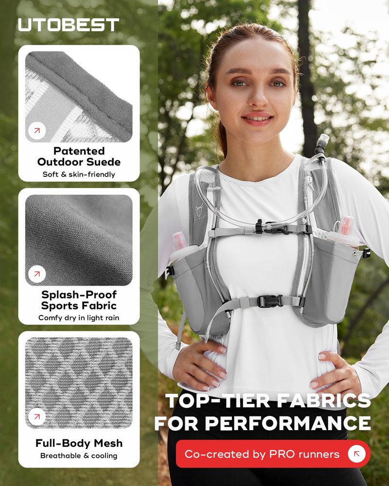 UTOBEST Running Vest, 5L Hydration Vest Lightweight, Running Backpack with 2 x Soft Flask, Adjustable Running Hydration Vest for Trail Running Marathon Race Jogging Cycling Gray