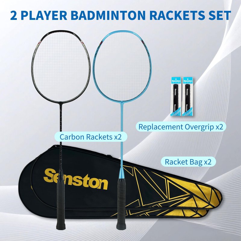 Senston N80 Badminton Rackets Set - Full Carbon-Fiber 5U Lightweight Racquets with Anti-Slip Grips & 2 Carry Bags, Outdoor/Backyard Sports for Adults, Teens, Family Games