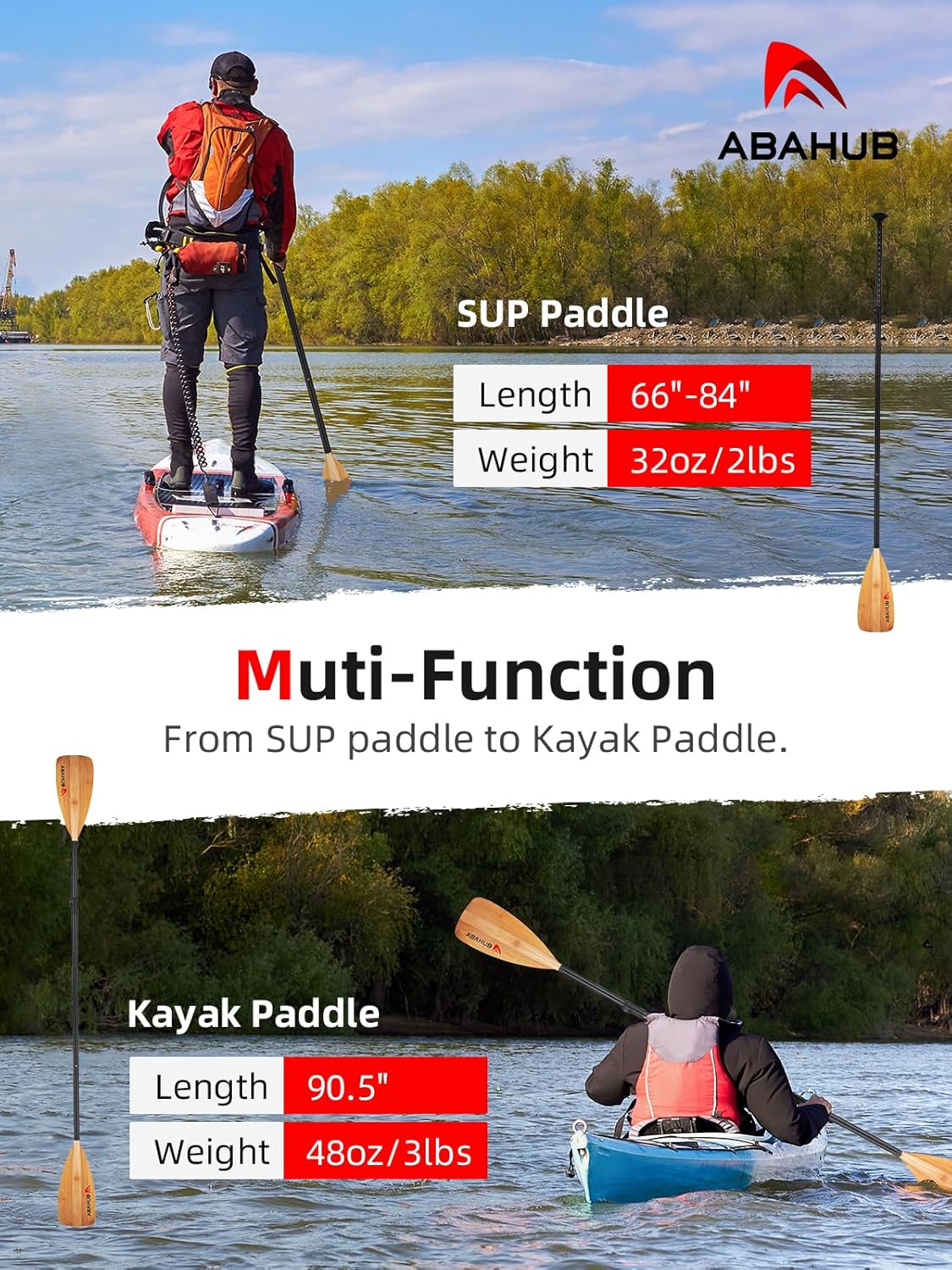 Abahub SUP Paddle - Lightweight 3-Piece Adjustable Paddle Oars for Paddleboarding | 68"-84" Aluminum Shaft, Multiple Colors
