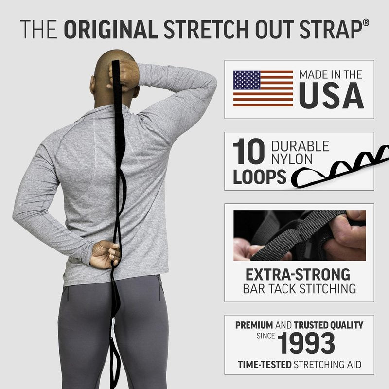 OPTP The Original Stretch Out Strap XL with Exercise Book, USA Made Stretch Out Straps for Physical Therapy, Yoga Stretching Strap or Knee Therapy Strap - Ten Loops, 7'5" Strap