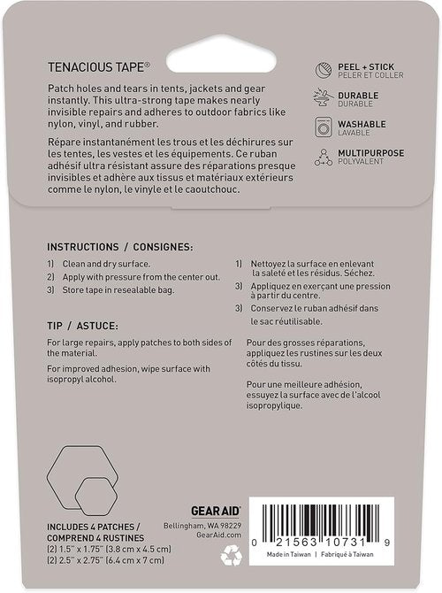 GEAR AID Tenacious Tape Hex – Clear Repair Patches for Outdoor Gear | 8 Peel-and-Stick Patches (4x2.5” & 4x1.5”)