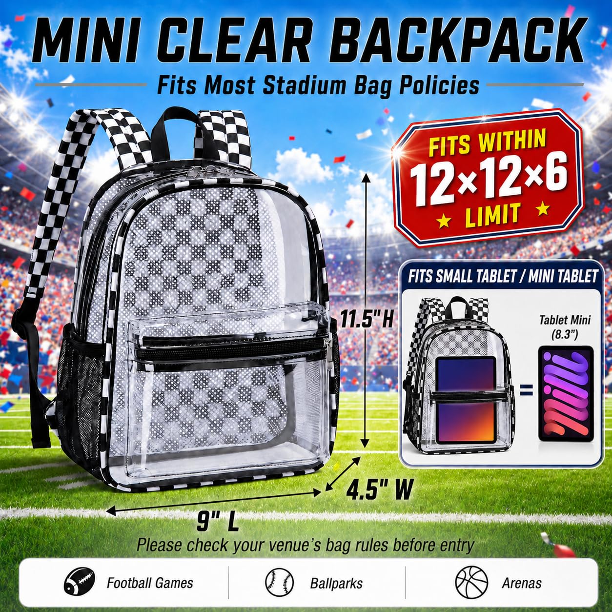 BTOOP Clear Mini Backpack for Stadium Events 12x12x6 Small Transparent Backpacks Plastic See Through Clear Bag for Concerts Work Festival Security Travel