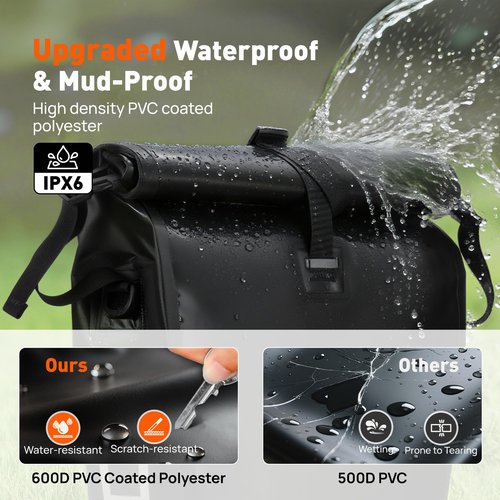 LUXECYCLES Bike Pannier Bag 27L Waterproof Bicycle Rear Rack Bag, Large Capacity Expandable Cargo Rack Bag with Reflective Strips, Adjustable Buckles for Cycling Traveling Commuting