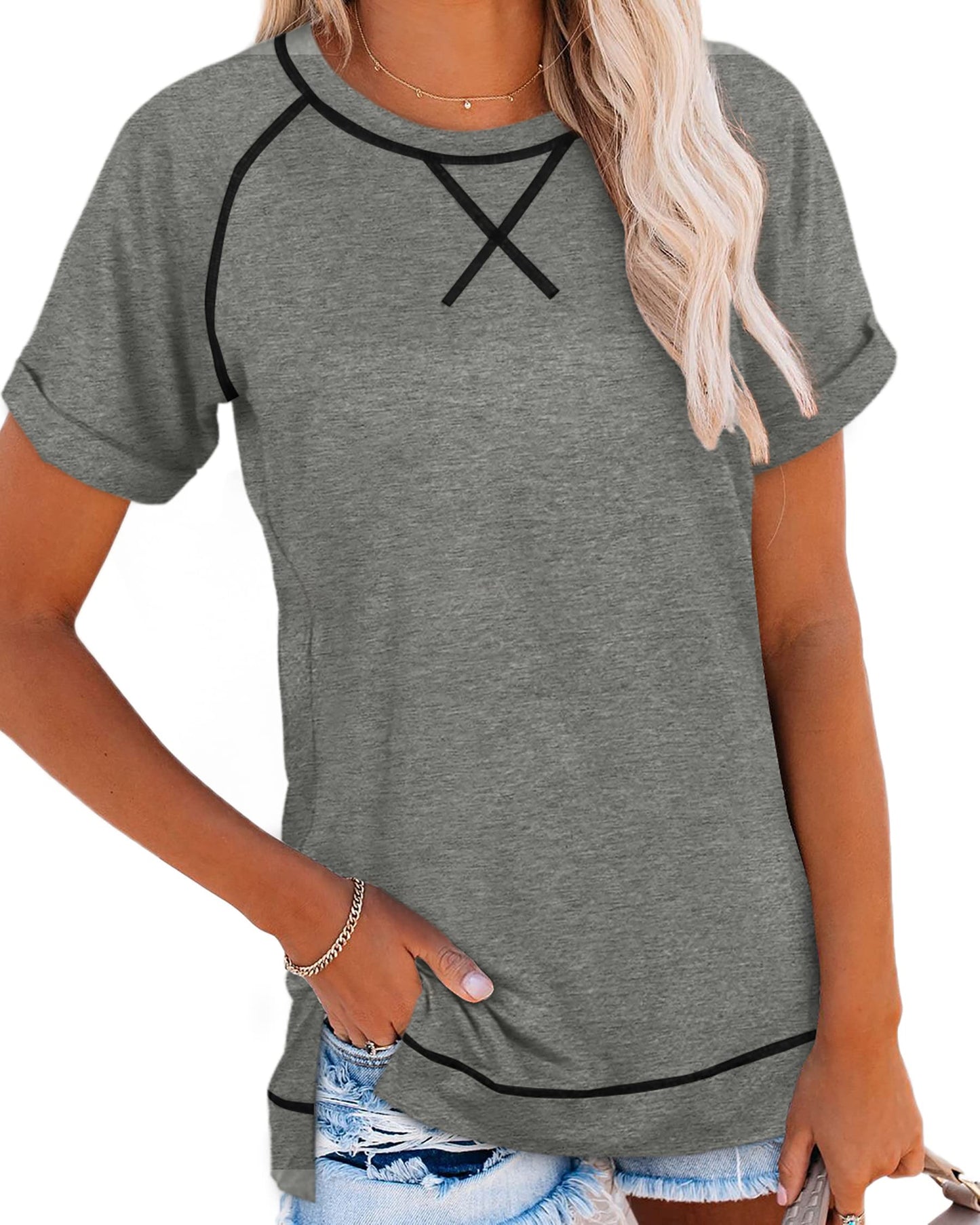Aokosor Womens Summer Tops 2026 Casual Workout Short Sleeve Tshirts Shirts Spring Fashion Solid Soft Grey XL