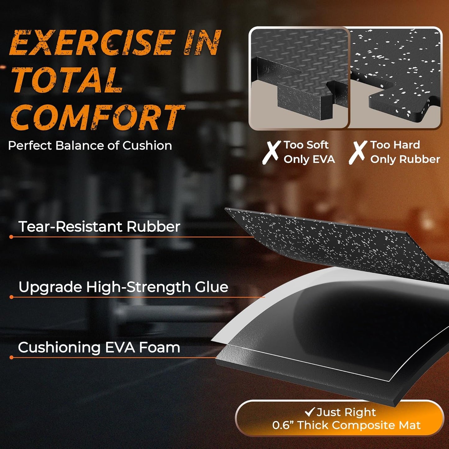 PRAISUN Gym Flooring Mats - 0.6" Thick Interlocking Rubber Tiles | 12 Pcs, 48 Sq Ft, Black/Grey
