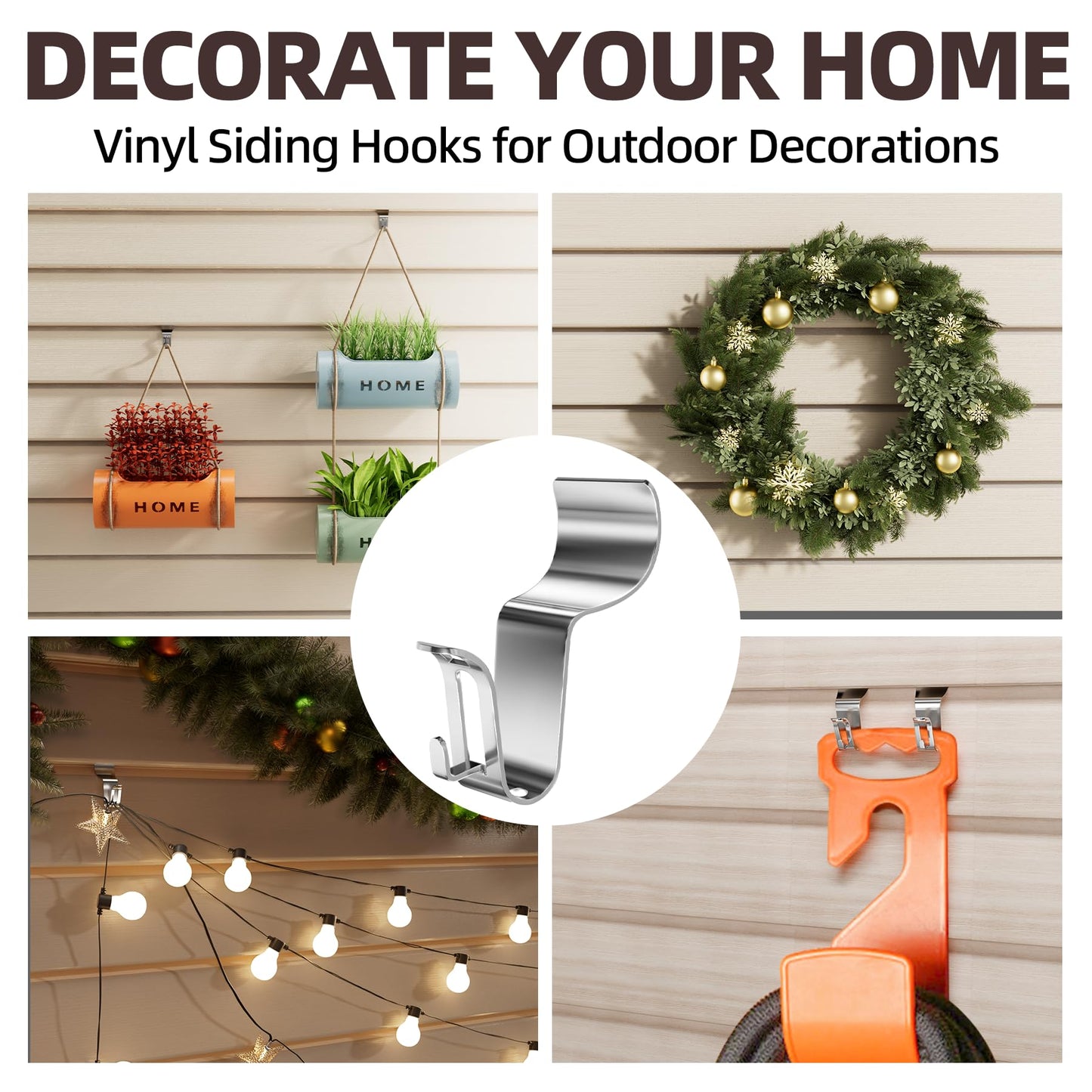 Amuille 12 Pack Vinyl Siding Hooks for Lights, No Hole Heavy Duty Siding Clips for Hanging Wreaths, String Lights, Porch Sign, Christmas Decor and Plant Hooks
