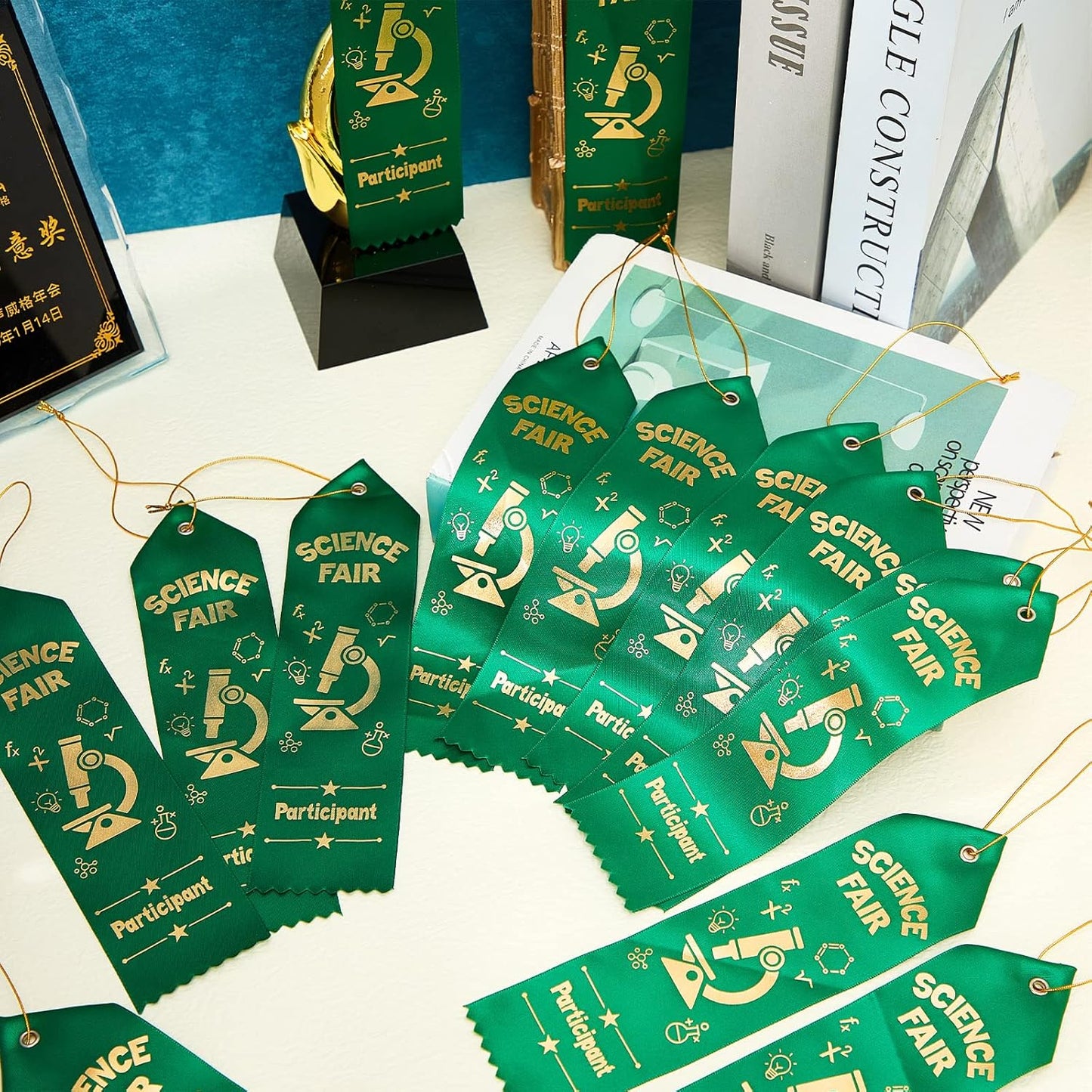 Taiyin 25 Pcs Science Fair Award Ribbons - Green Participation Prizes with Event Cards