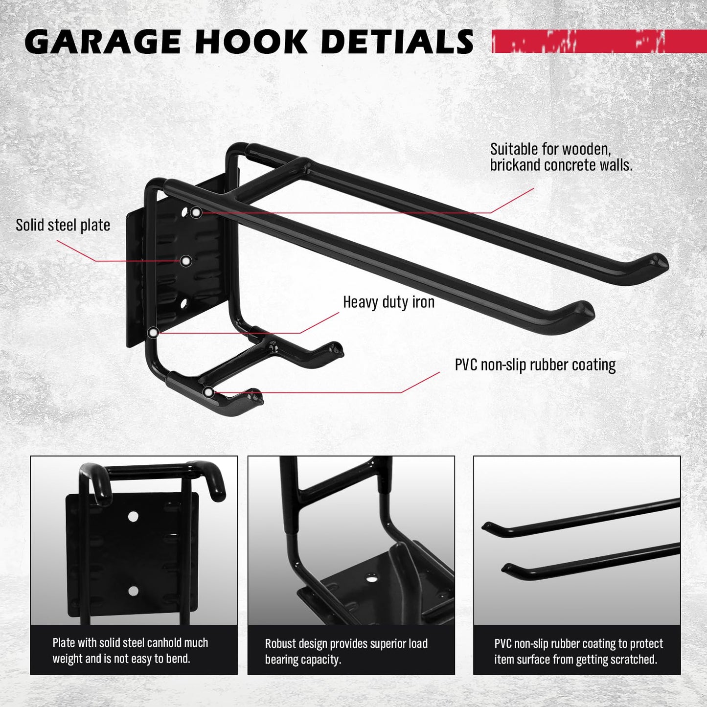 2-Piece 9.4" Heavy Duty Garage Hooks, Sturdy Utility Hooks Holds 55 LB Wall Mount Garden Tool Organizer Hangers for Hanging Shovel Ladder Chairs Strollers Power Tool Tire and More (Black)