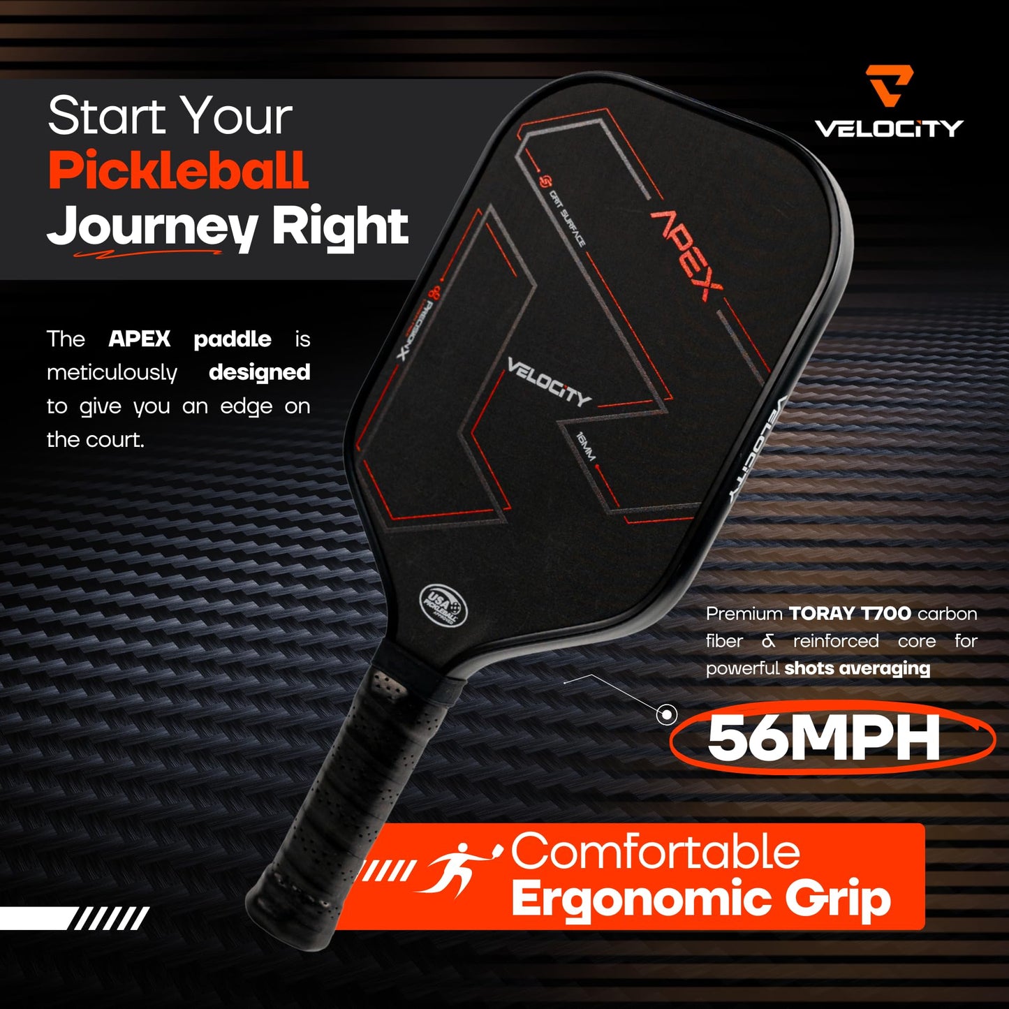 Velocity Pickleball Paddle, T700 Carbon Fiber Pickleball Paddle with 16mm Proprietary Core High Grit Surface, USAPA Approved, Elongated Anti-Slip Handle for Power, Spin & Control and Shoot at 60mph