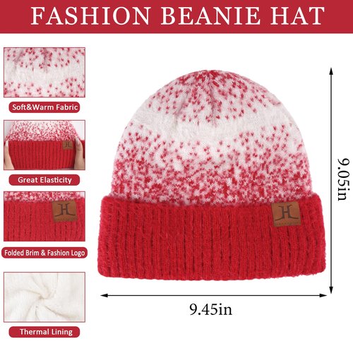 Womens Winter Knit Beanie Hats and Touchscreen Gloves Long Scarf Set with Warm Fleece Lined Skull Caps Scarves for Women Red White