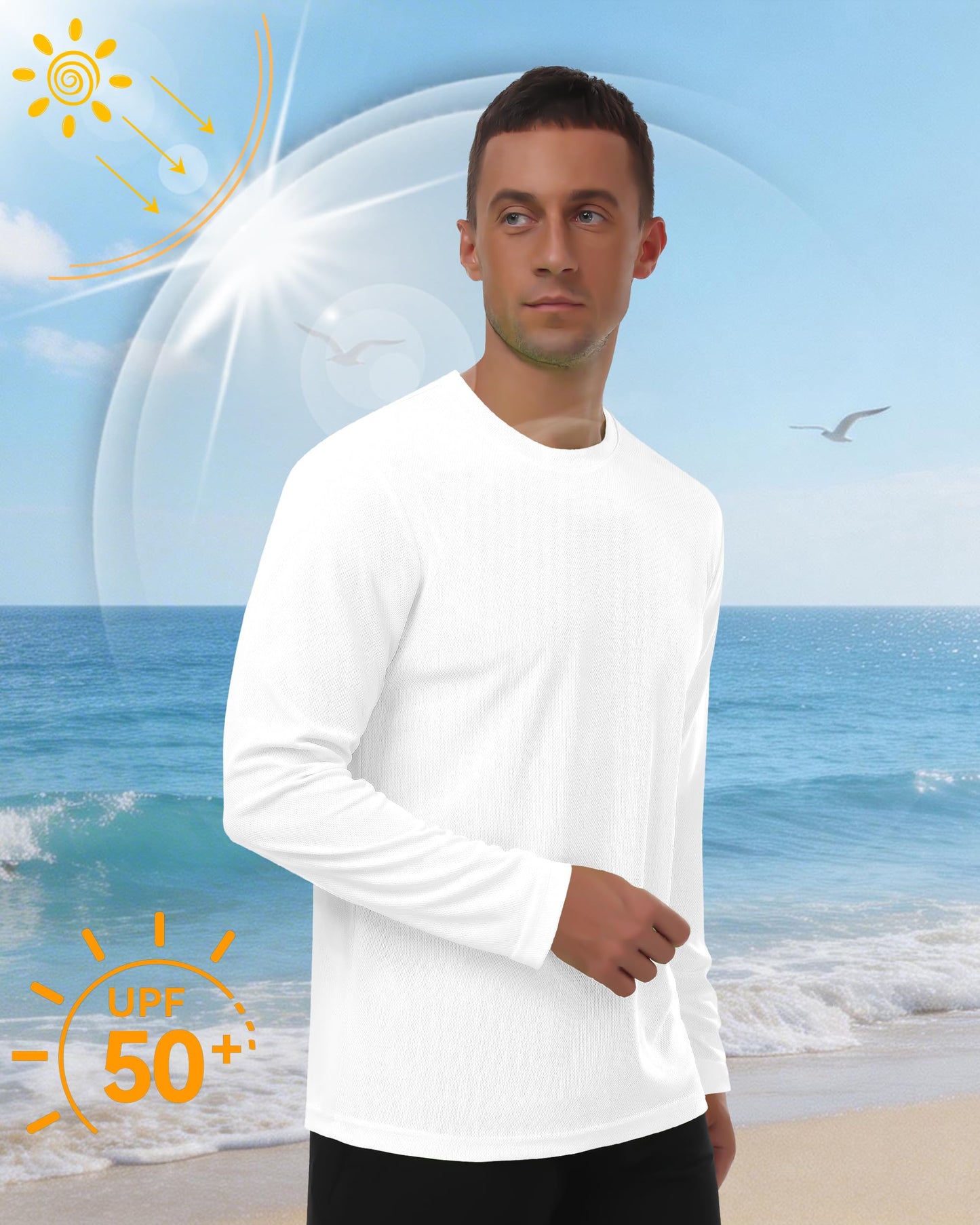 Mens Long Sleeve Shirts UPF 50+ Sun Protection Tee Shirts Tops White L