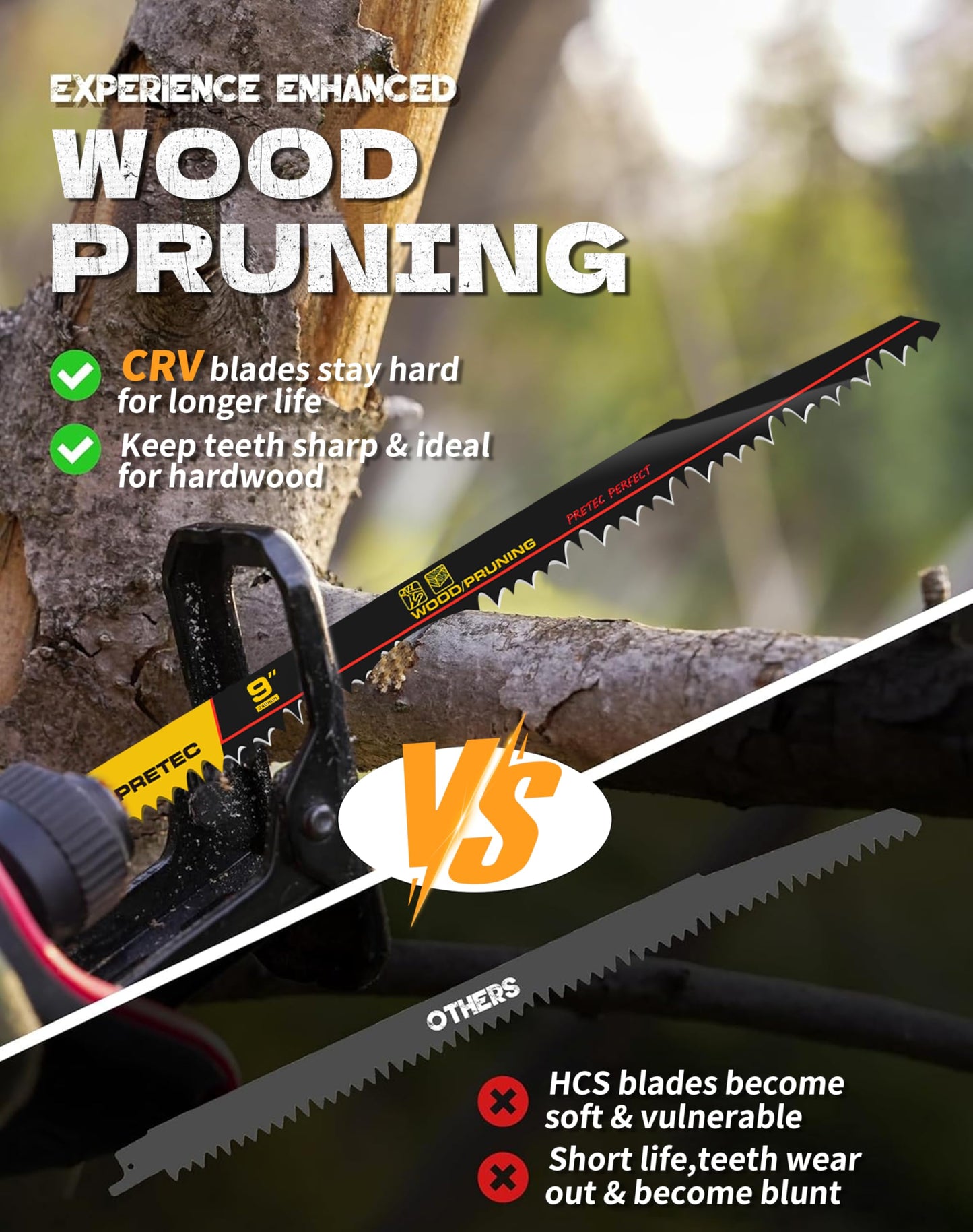 PRETEC Wood Pruning Reciprocating Saw Blades, 9 Inch Pruning Blades for Reciprocating Saw, High Carbon Steel Reciprocal Saw Blades for Tree Trimming, Wood Cutting with Organizer Case, (5 Pack/5TPI)